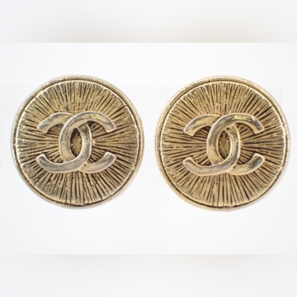 Chanel Gold GP Coco Mark CC Sunburst Round Vintage Earrings